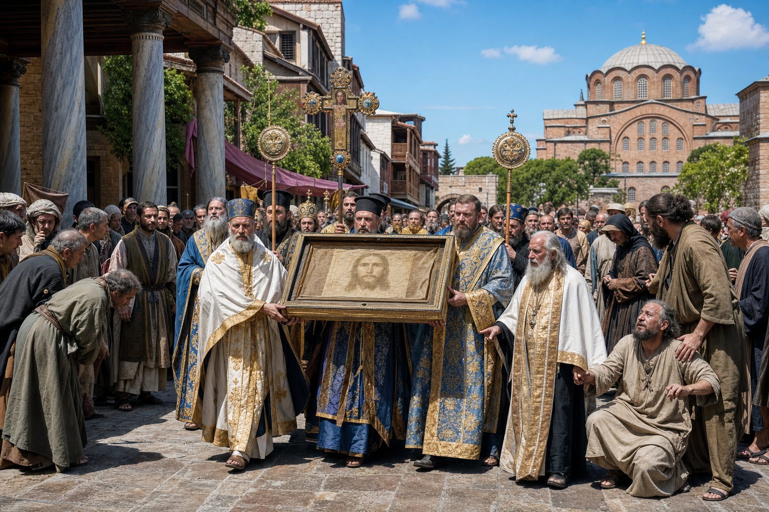 Photo-realistic depiction of the transfer from Edessa to Constantinople of a non-man-made image of our Lord Jesus Christ, Orthodox calendar, 2026-08-29, relic_or_church_event